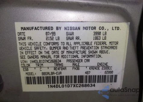 1999 Nissan Altima Gle/Gxe/Se/Se-L/Xe z USA, uszkodzony, nr VIN 1N4DL01D7XC268634